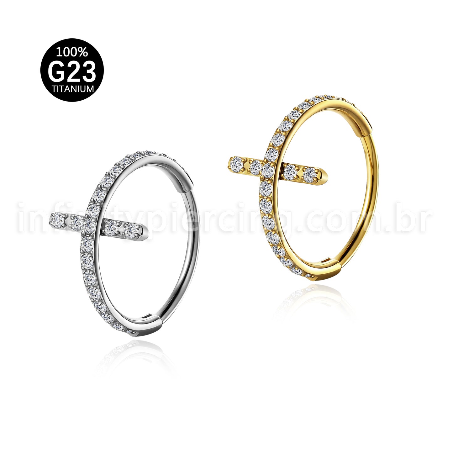 Anel Nostril Cruz Kit Completo Titânio Natural e Dourado com Brilhantes