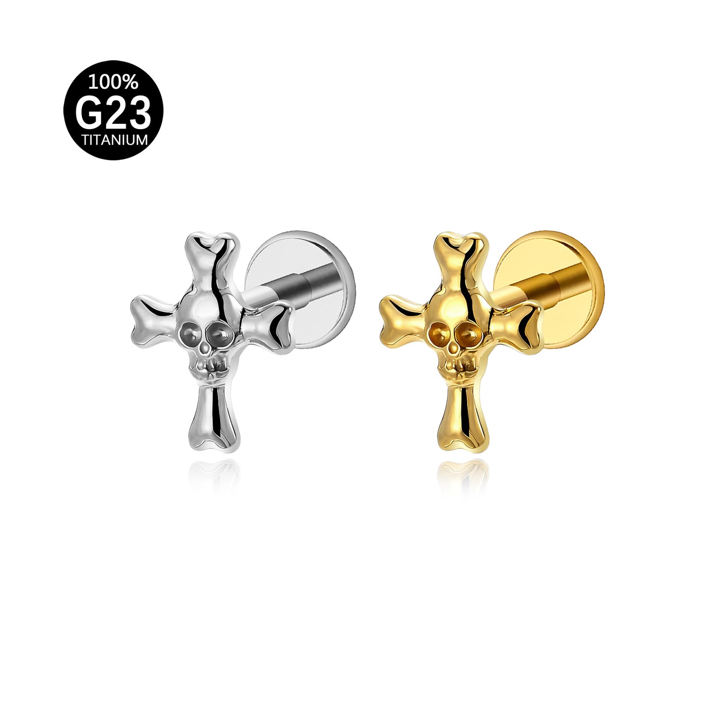 Piercing Labial Cruz com Caveira em Titânio G23