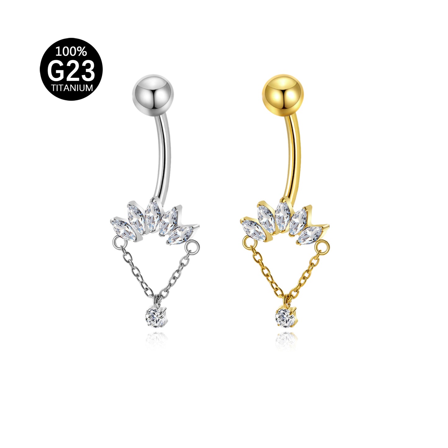 Piercing de Umbigo em Titânio G23 com Corrente Pendente e Zircônia de Alto Brilho – Design Elegante com Movimento Sofisticado