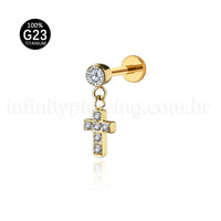 Piercing Labret Titânio Com Pingente Cruz Zircônia Cravejada