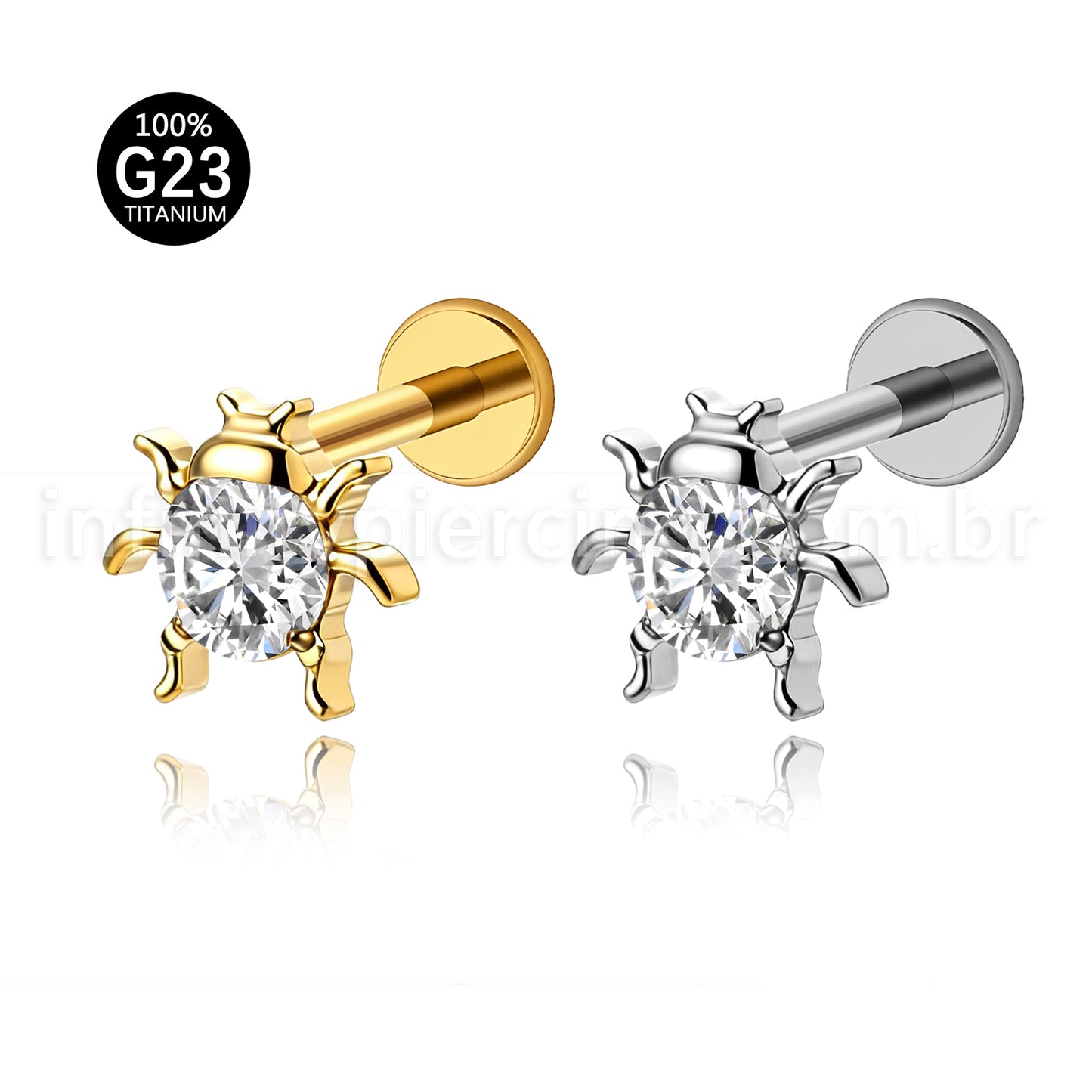 Piercing Labret Titânio Joaninha Zircônia Cravejada
