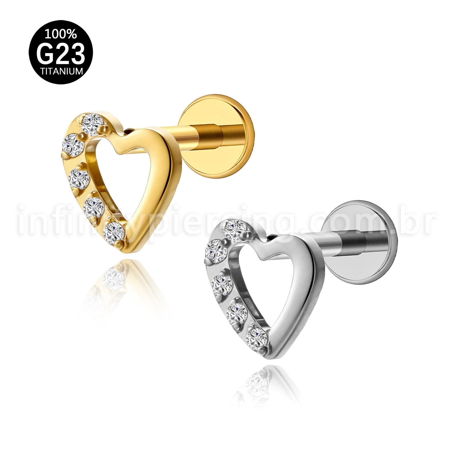 Piercing Labret Titânio Coração Com Zircônia Lateral