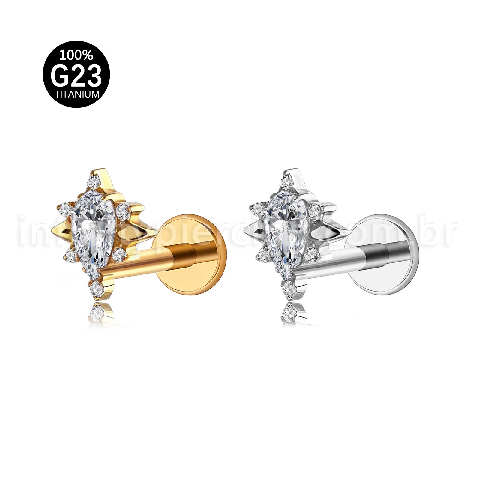 Piercing Labret Titânio Gota Com Detalhes Zircônia Cravejada