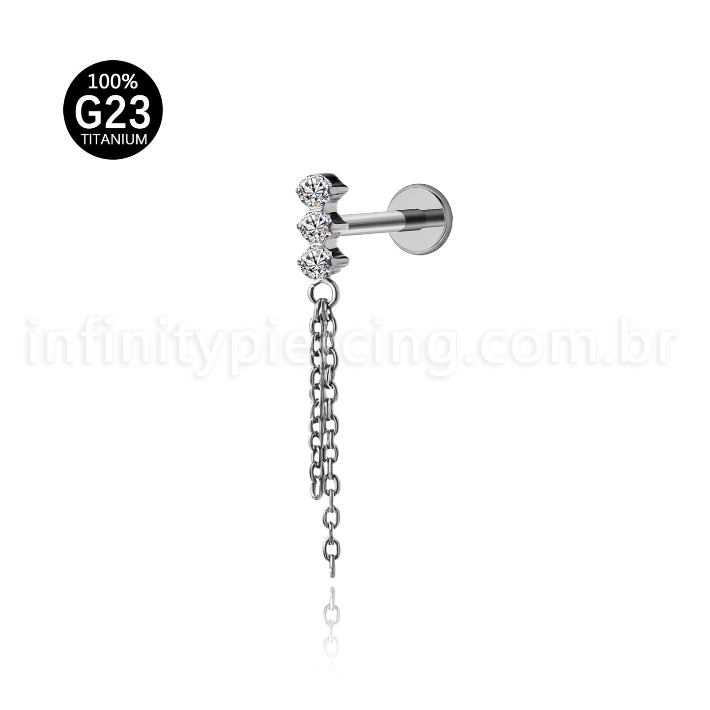 Piercing Labret Titânio 3 Zircônia Com Corrente