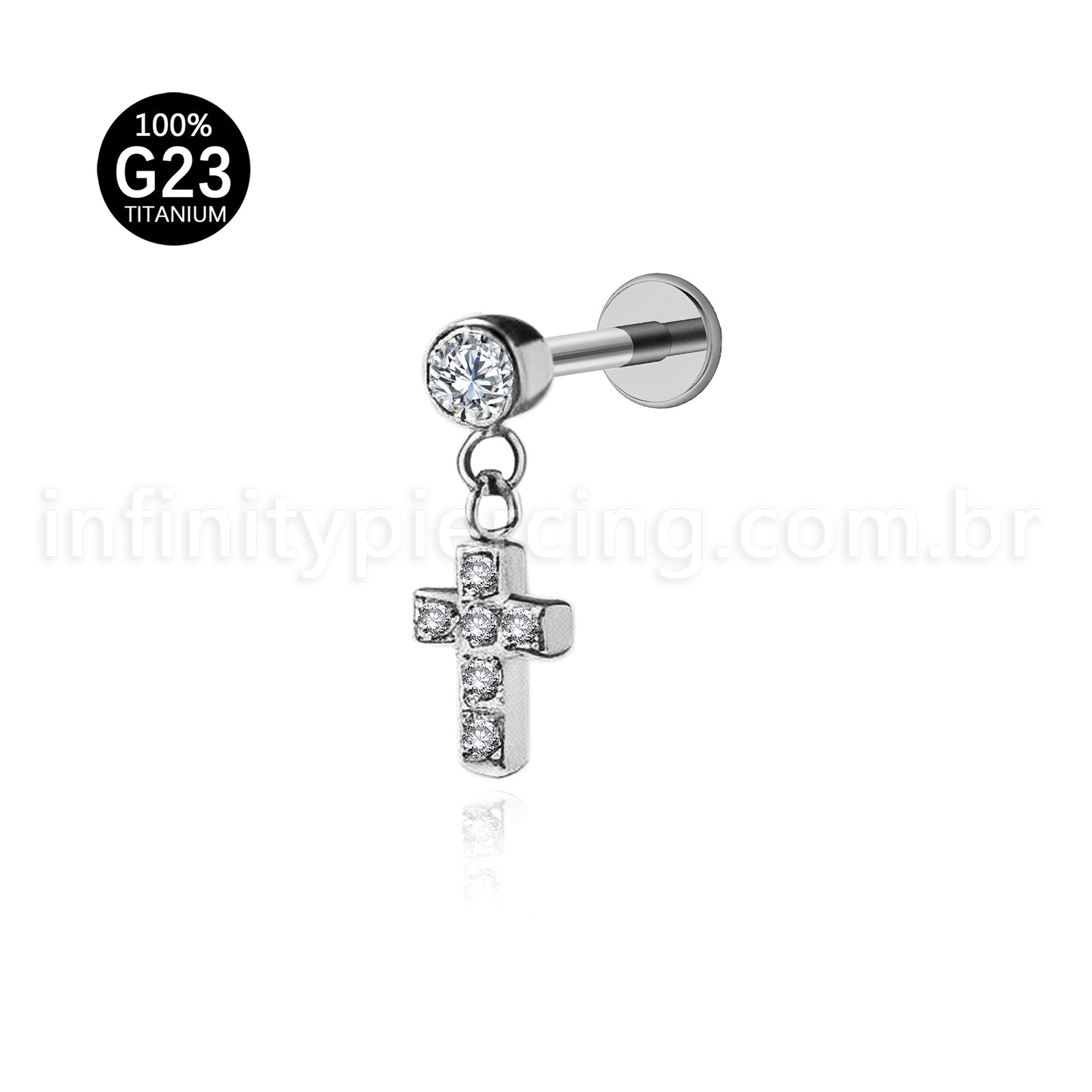 Piercing Labret Titânio Com Pingente Cruz Zircônia Cravejada