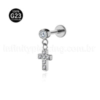 Piercing Labret Titânio Com Pingente Cruz Zircônia Cravejada