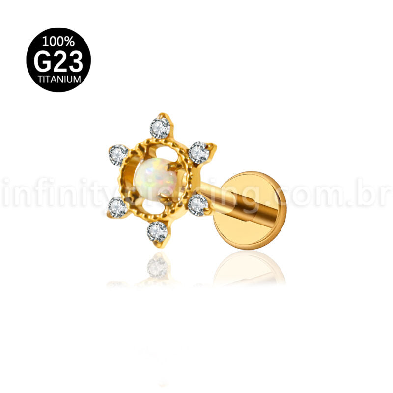 Piercing Labret Titânio Flor Com Pedra Opala