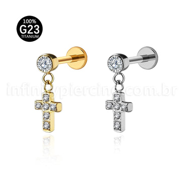 Piercing Labret Titânio Com Pingente Cruz Zircônia Cravejada