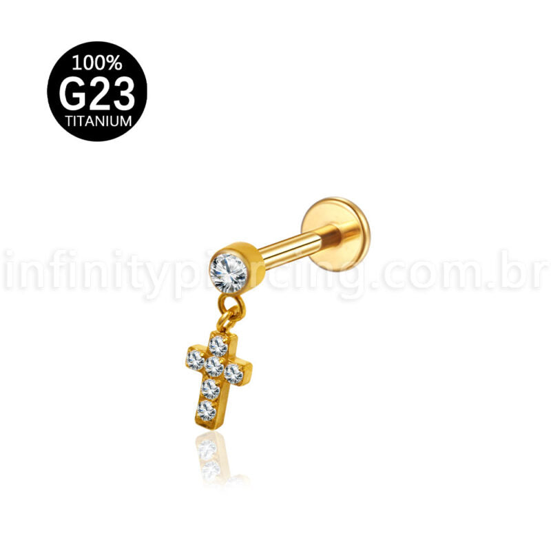 Piercing Labret Titânio Pingente Cruz Cravejada