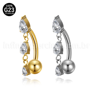 Piercing Banana Titânio 3 Pedras Zircônia Oval