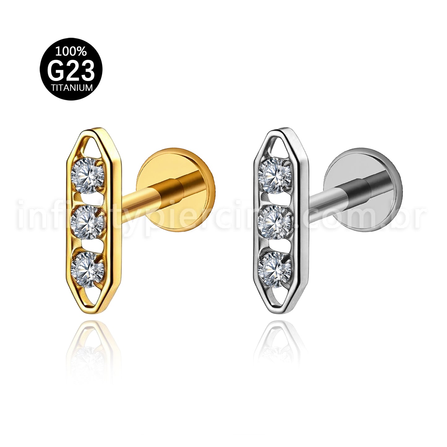 Piercing Labret Titânio Barra 3 Zircônia Cravejada