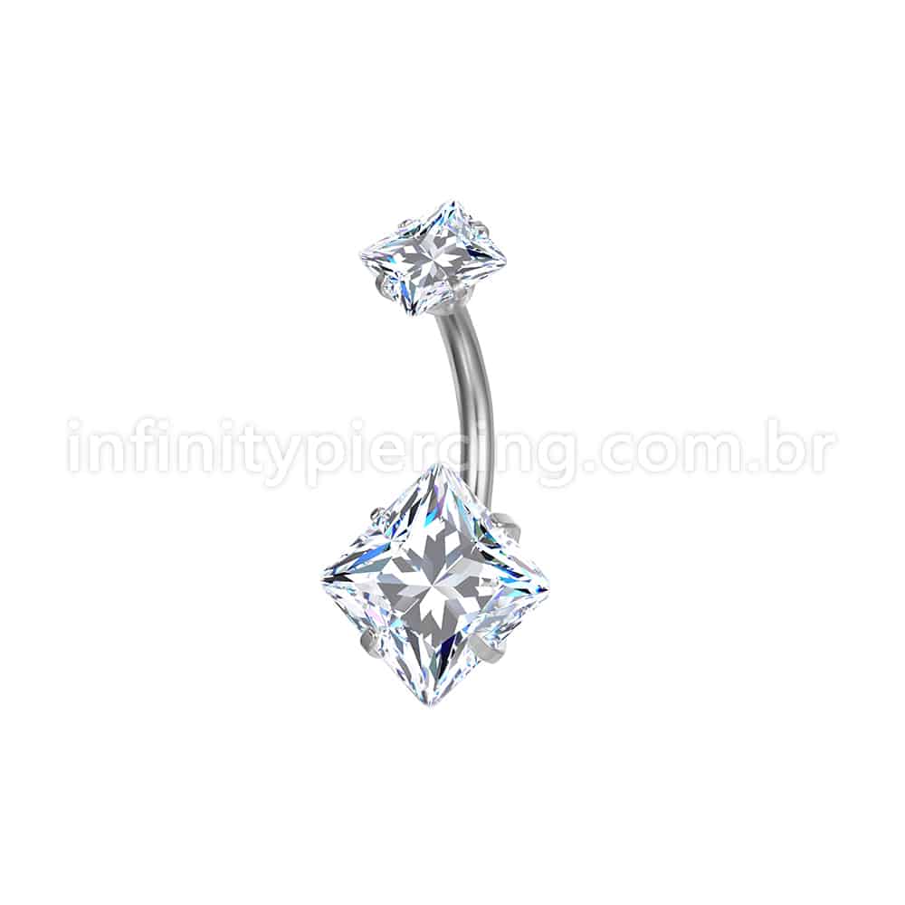 Piercing Aço Cirúrgico Banana 2 Pedras Zircônia Cravejada Quadrada