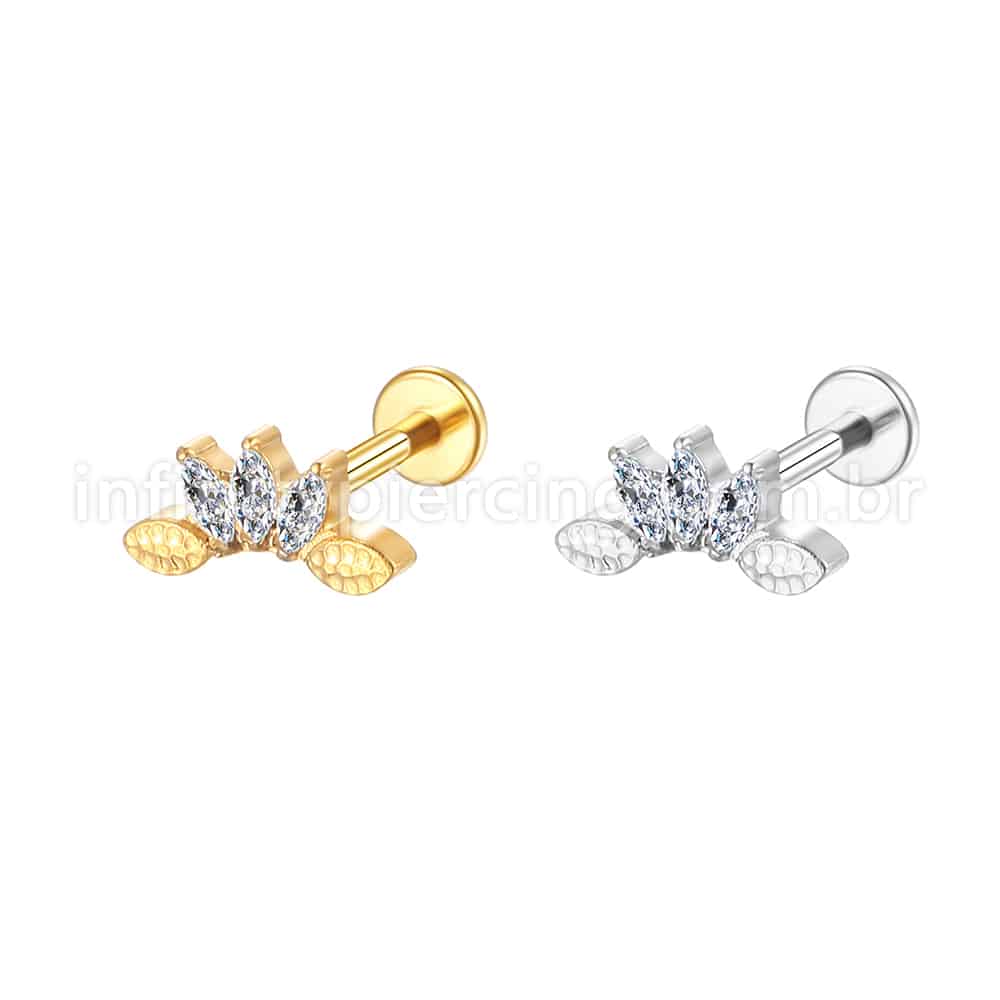 Piercing Labret Aço Cirúrgico Flor De Lotus 3 Zircônias