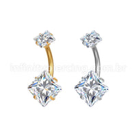 Piercing Aço Cirúrgico Banana 2 Pedras Zircônia Cravejada Quadrada