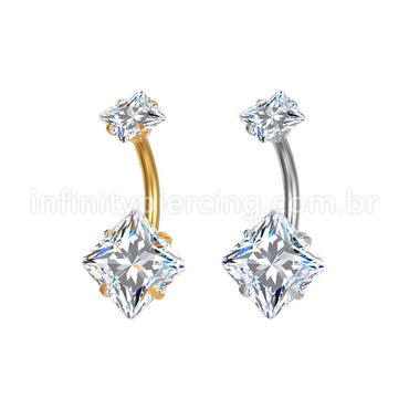 Piercing Aço Cirúrgico Banana 2 Pedras Zircônia Cravejada Quadrada