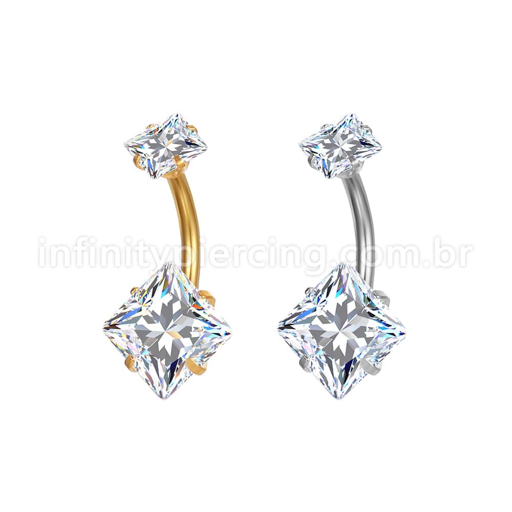 Piercing Aço Cirúrgico Banana 2 Pedras Zircônia Cravejada Quadrada