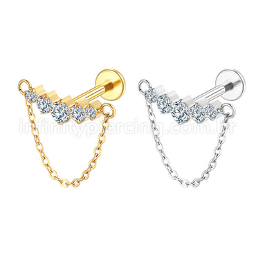 Piercing Labret Aço Cirúrgico Cluster Corrente 5 Zircônias