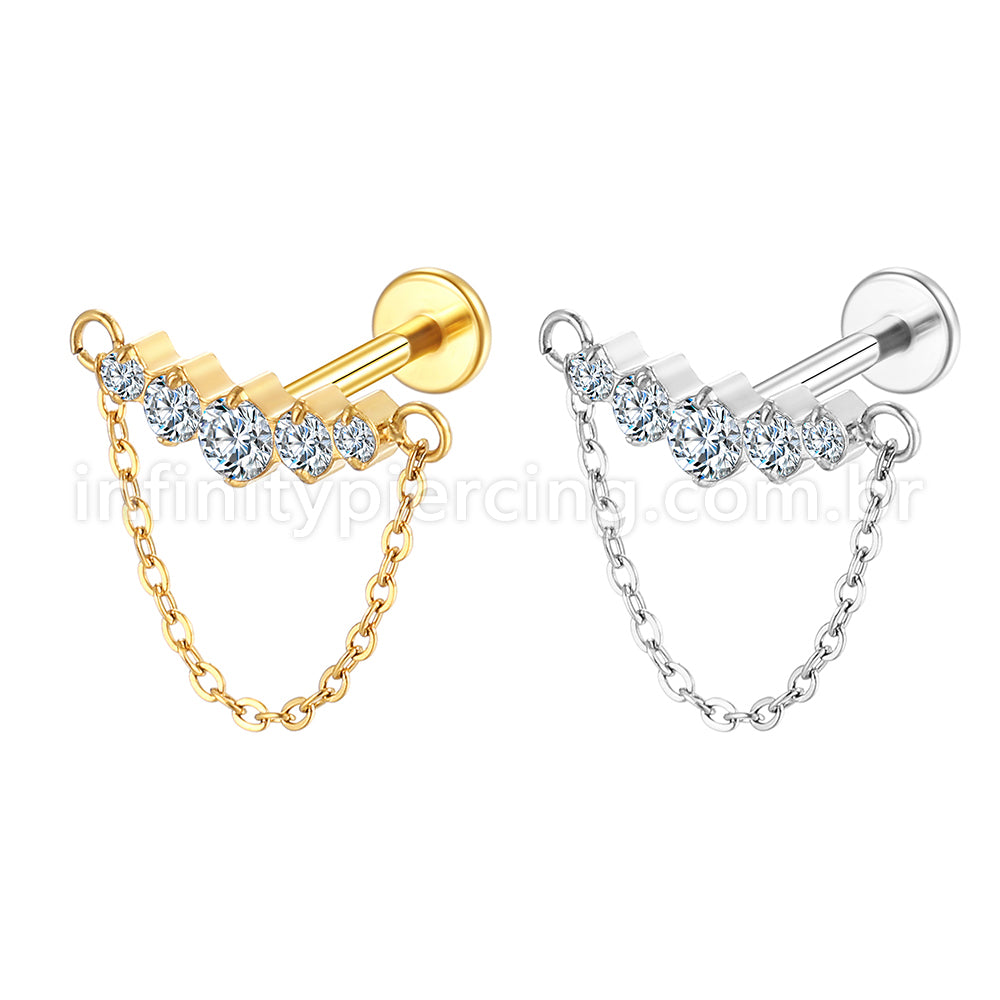 Piercing Labret Aço Cirúrgico Cluster Corrente 5 Zircônias