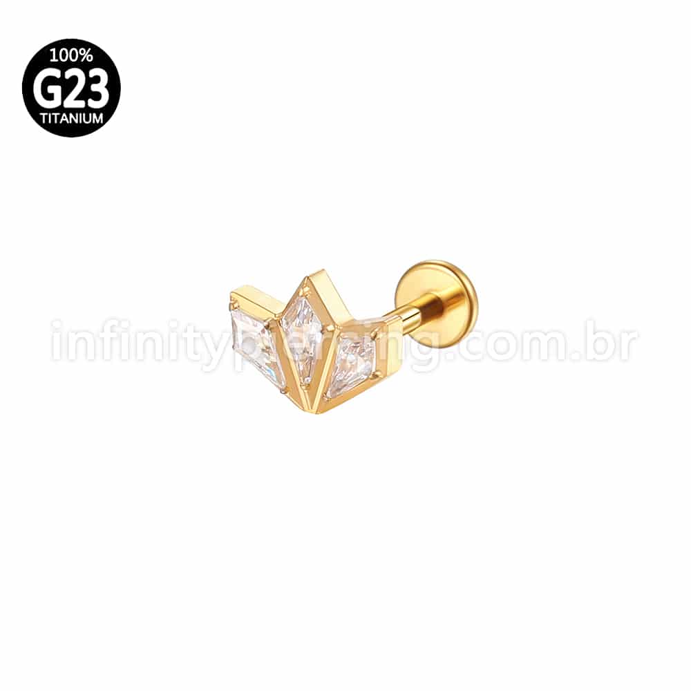 Piercing Labret Titânio Rosca Interna Losango 3 Pedras Zircônia