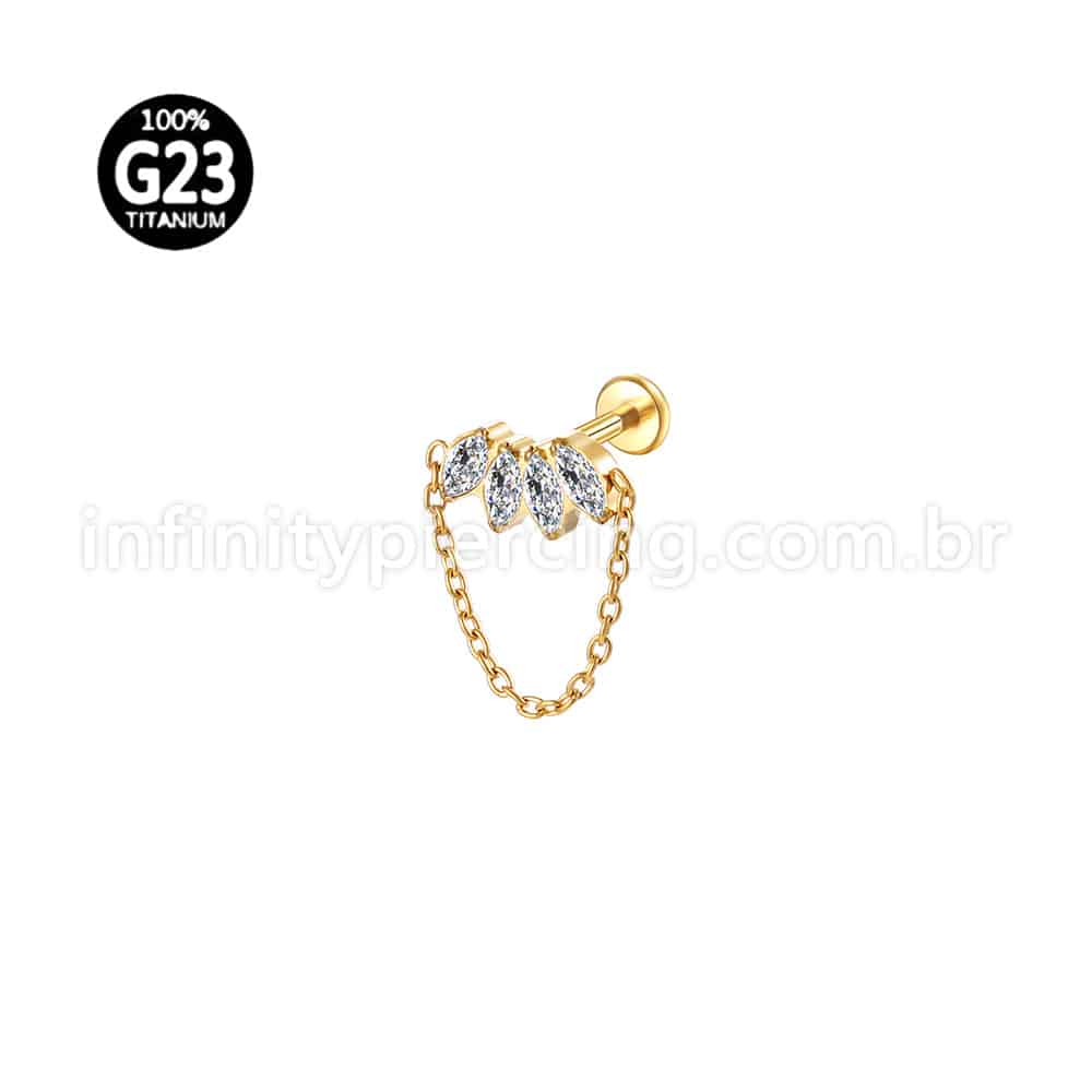 Piercing Labret Titânio Cluster Corrente 4 Zircônias