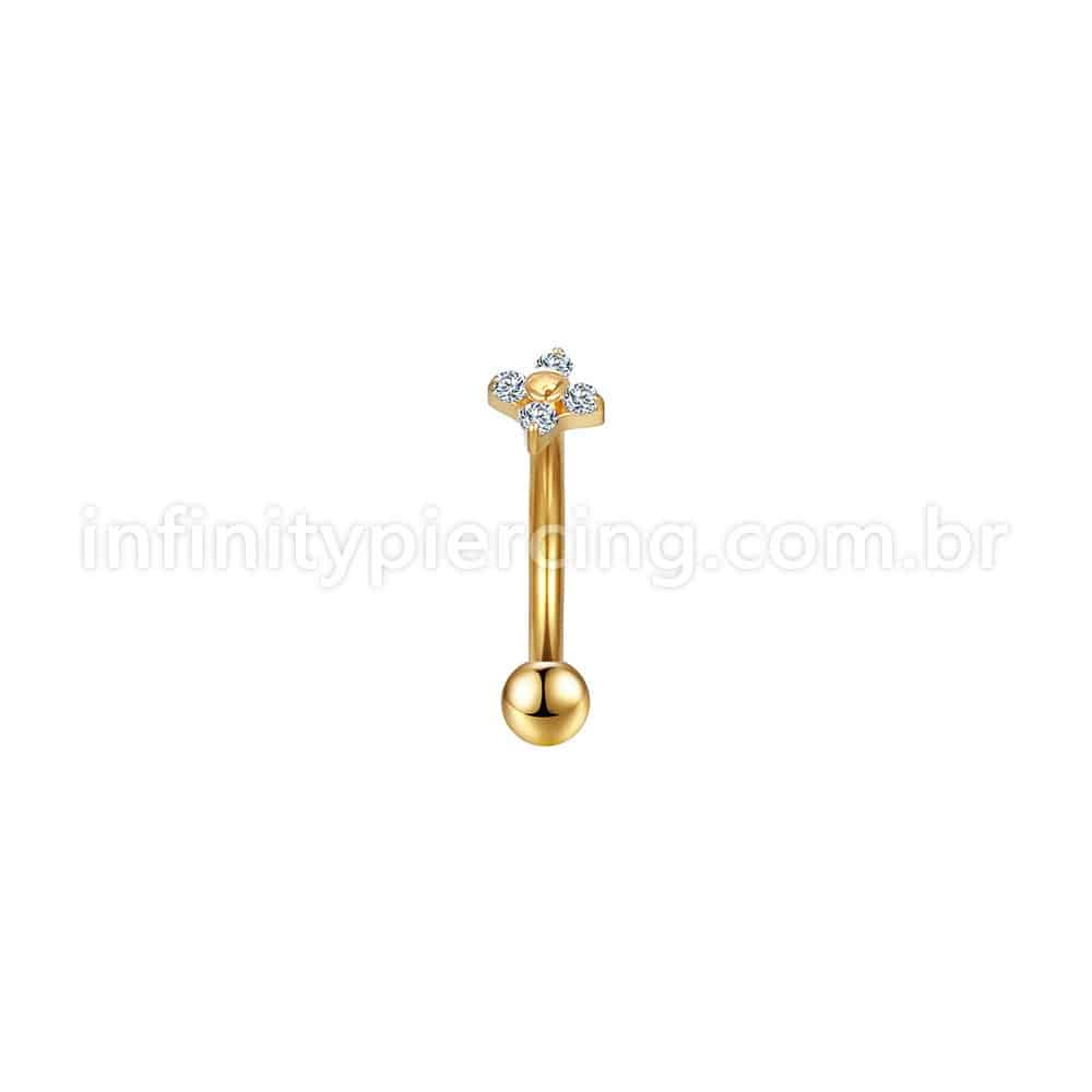Piercing Minibarbell Curvo Aço Cirúrgico Flor 4 Zircônias