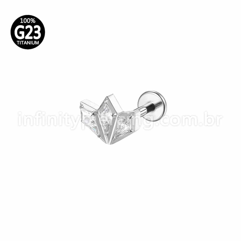 Piercing Labret Titânio Rosca Interna Losango 3 Pedras Zircônia