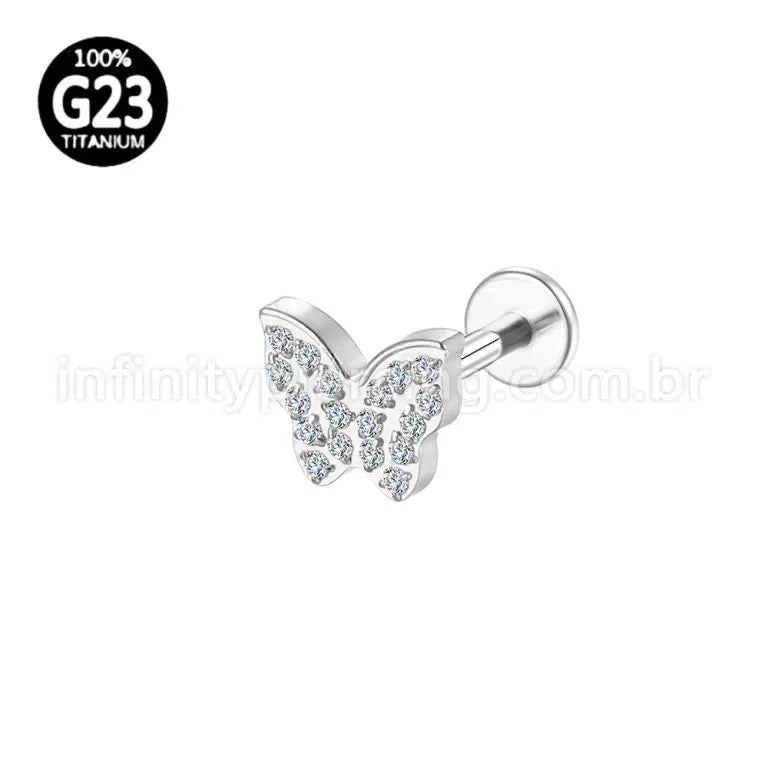 Piercing Labret Titânio Borboleta Zircônia Cravejada