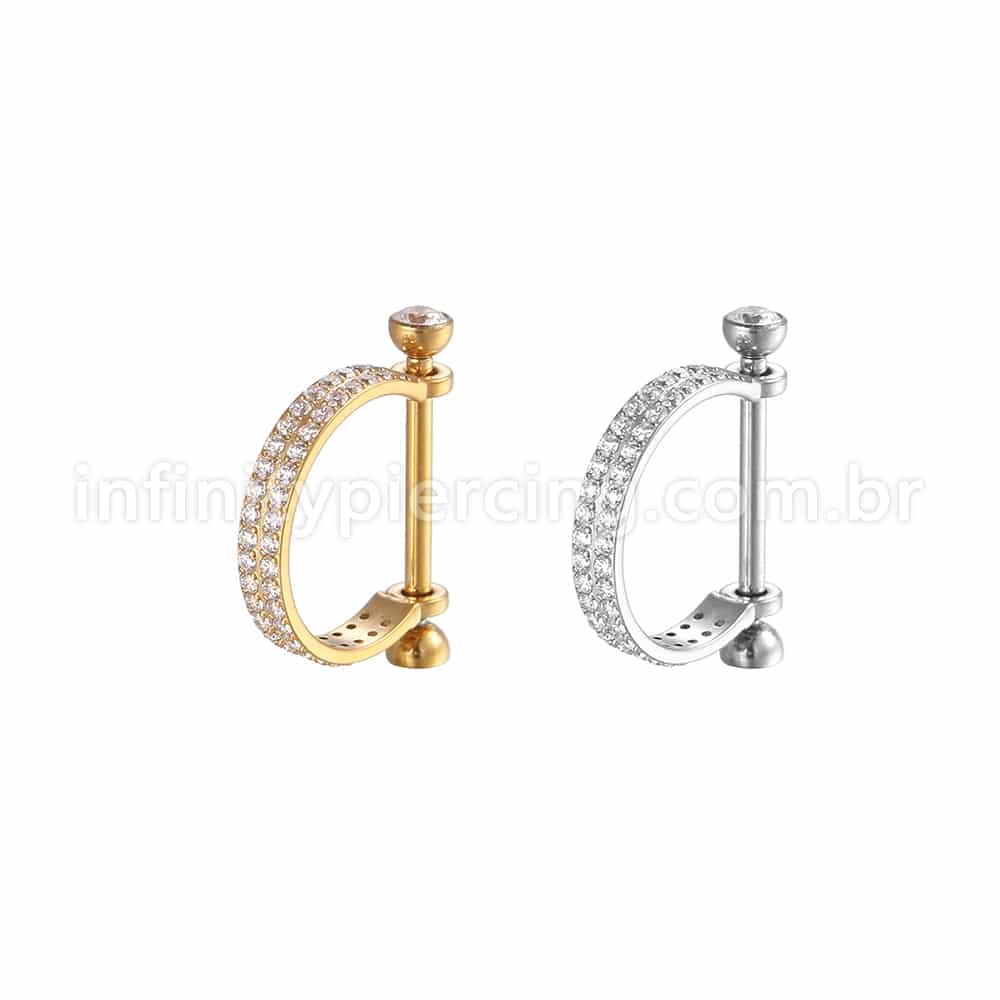 Piercing Meia Argola Aço Cirúrgico 2 Fileiras Zircônia Cravejada