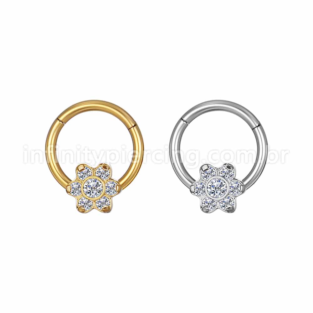 Piercing Argola Aço Cirúrgico Segmento Articulado Flor Zircônia Cravejada