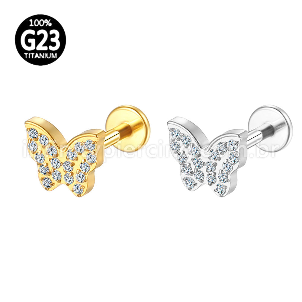 Piercing Labret Titânio Borboleta Zircônia Cravejada