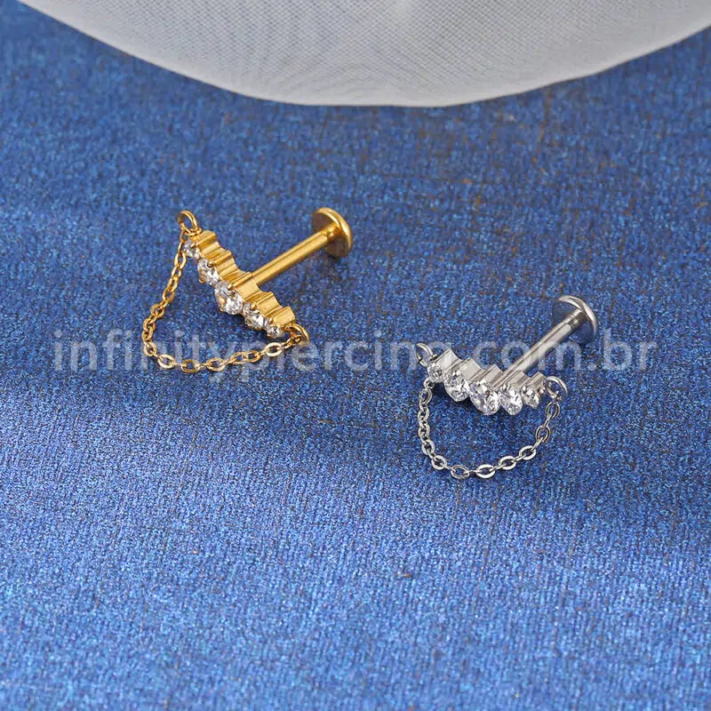 Piercing Labret Aço Cirúrgico Cluster Corrente 5 Zircônias