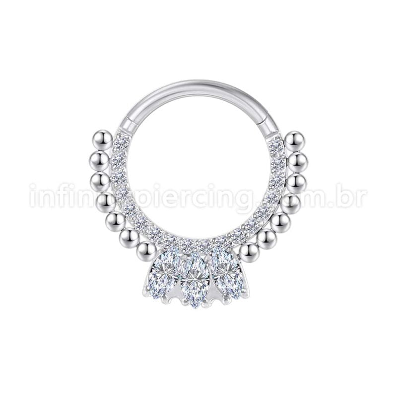 Piercing Argola Segmentada Aço Cirurgico Zircônia 3 Pedras Ovais Com Pontas