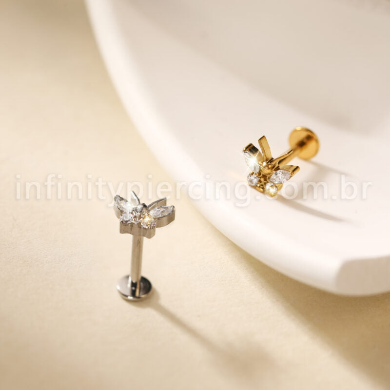 Piercing Labret Aço Cirúrgico Borboleta Zircônia