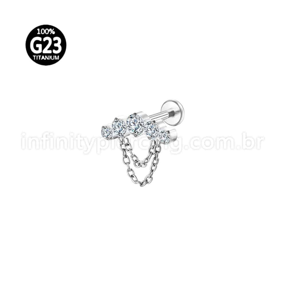 Piercing Labret Titânio Cluster Corrente 5 Zircônias