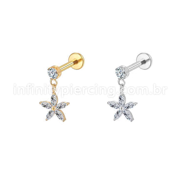 Piercing Labret Aço Cirúrgico Com Pingente Flor Zircônia Cravejada
