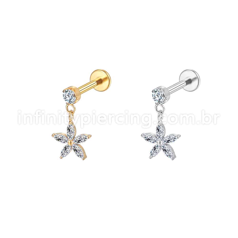 Piercing Labret Aço Cirúrgico Com Pingente Flor Zircônia Cravejada
