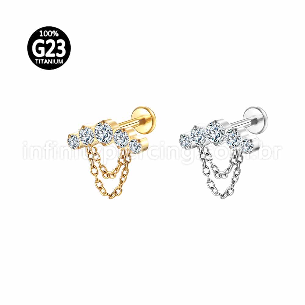 Piercing Labret Titânio Cluster Corrente 5 Zircônias