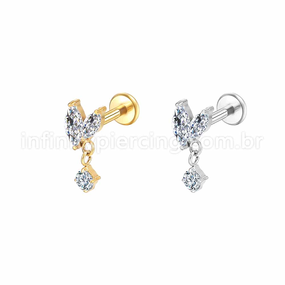 Piercing Labret Aço Cirúrgico 2 Petalas Com Pingente Zircônia