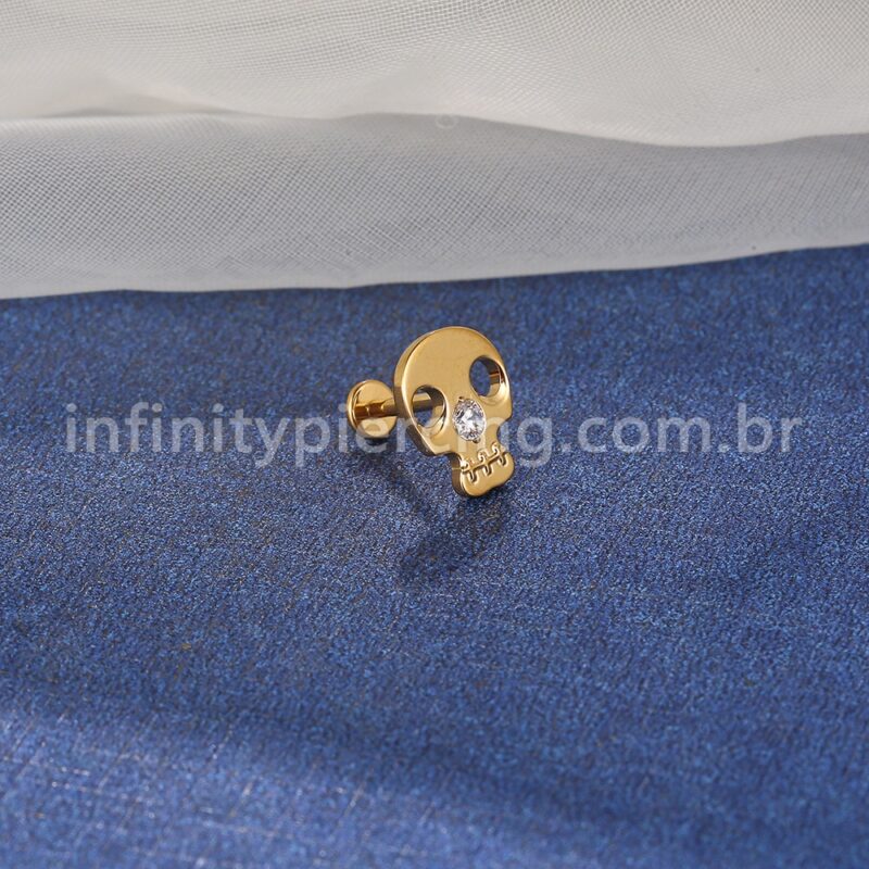 Piercing Labret Aço Cirúrgico Caveira Zircônia