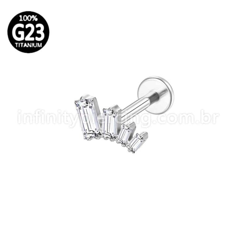 Piercing Labret Titânio Curvo 4 Pedras Zircônia Cravejada