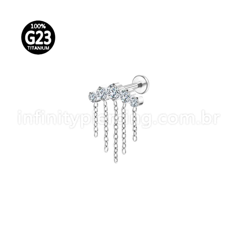 Piercing Labret Titânio Cluster Correntaria 5 Zircônias