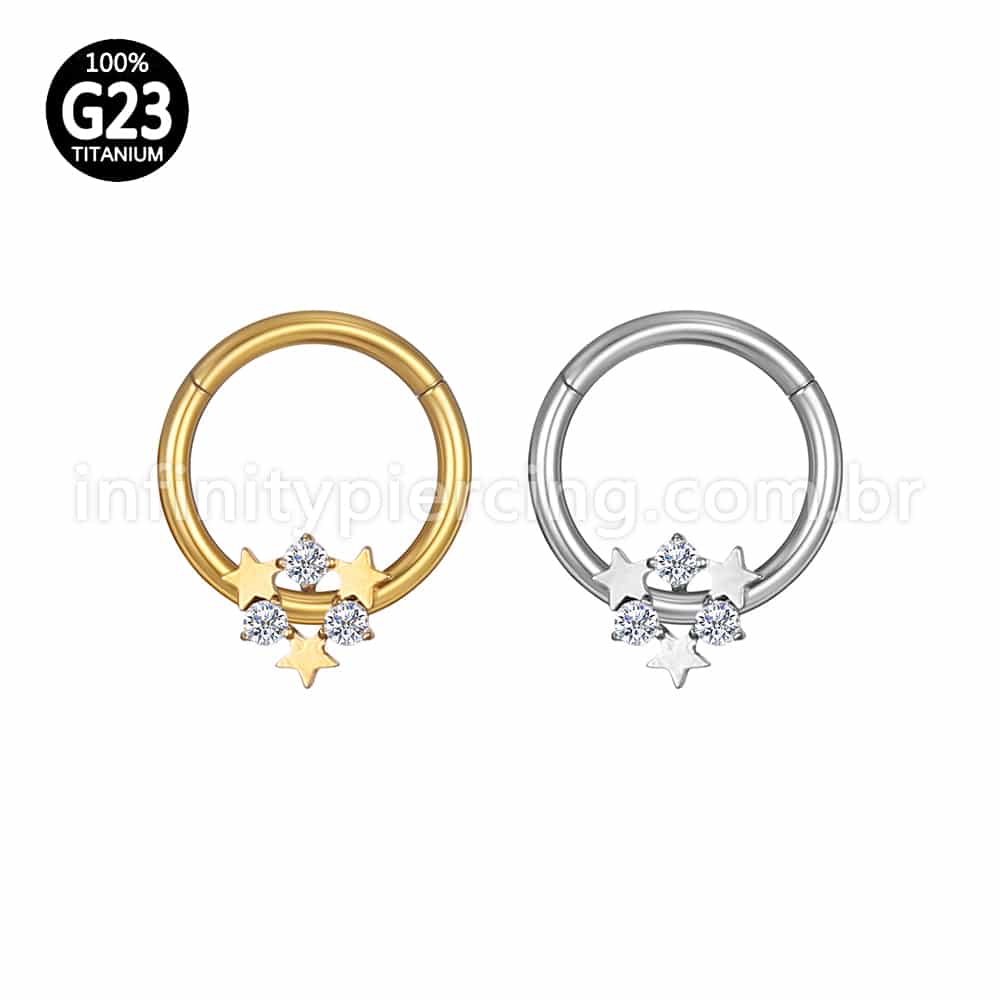 Piercing Argola Titânio Segmento Articulado Estrelas Com Zircônia Cravejada