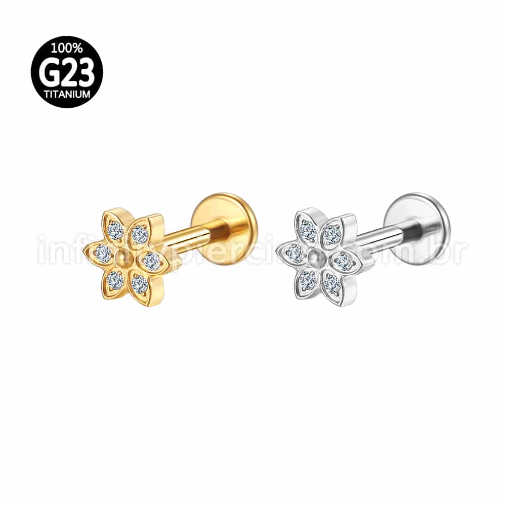 Piercing Labret Titânio Flor Zircônia Cravejada