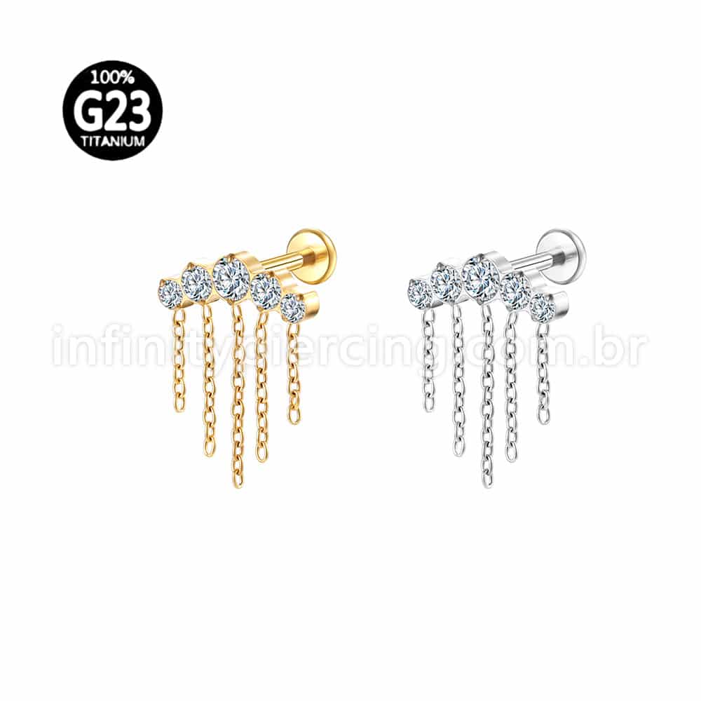 Piercing Labret Titânio Cluster Correntaria 5 Zircônias