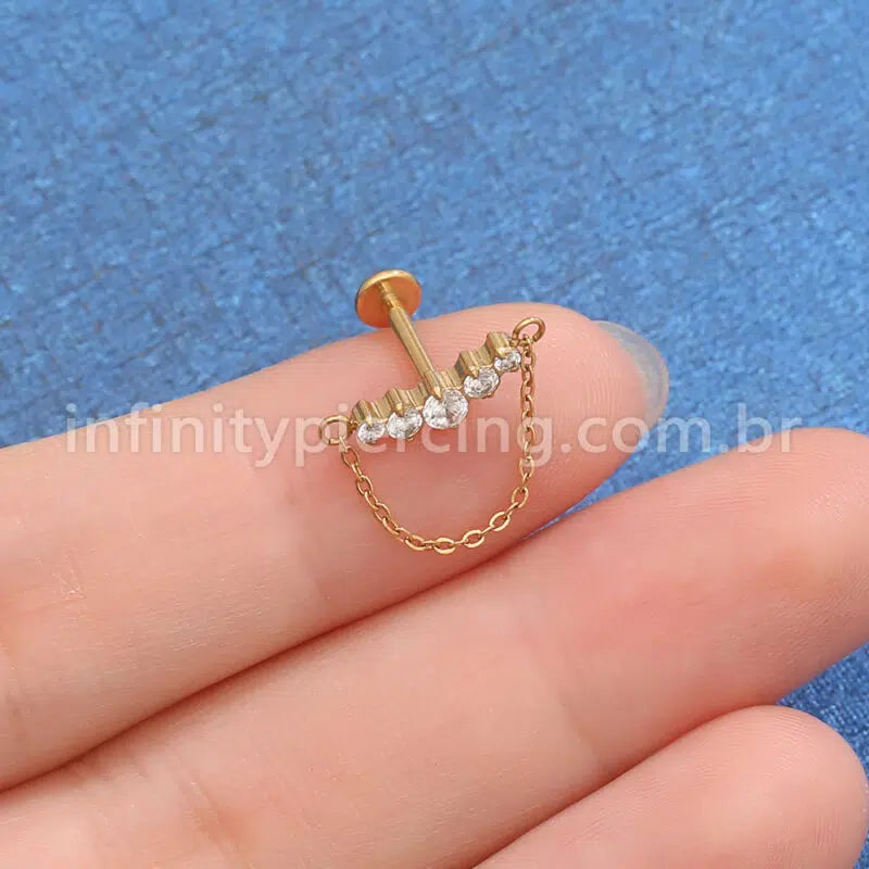 Piercing Labret Aço Cirúrgico Cluster Corrente 5 Zircônias
