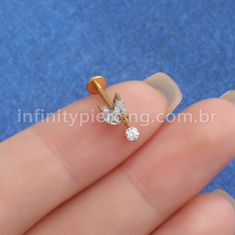 Piercing Labret Aço Cirúrgico 2 Petalas Com Pingente Zircônia