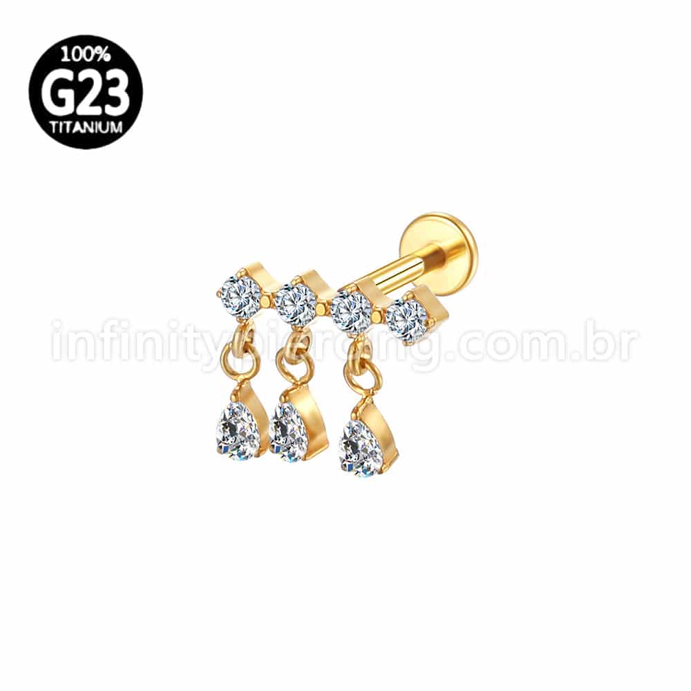 Piercing Labret Titânio Barra 4 Zircônias Com Pingente