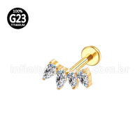 Piercing Labret Titânio Curvo 4 Pedras Zircônia Cravejada