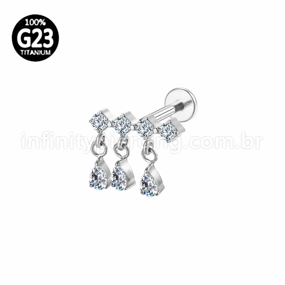 Piercing Labret Titânio Barra 4 Zircônias Com Pingente