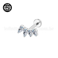 Piercing Labret Titânio Curvo 4 Pedras Zircônia Cravejada